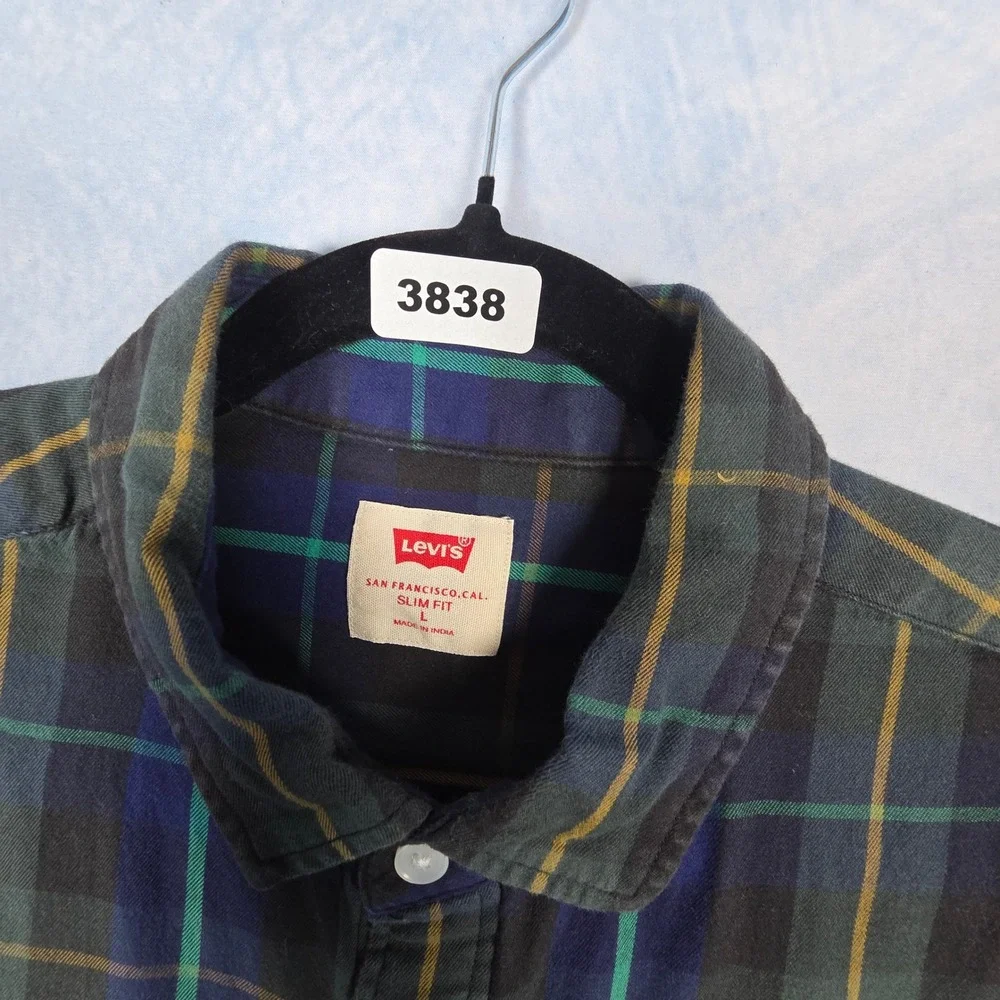 Levis Mens Slim Fit Plaid Flannel Button Down Shirt Navy Green Large 3838